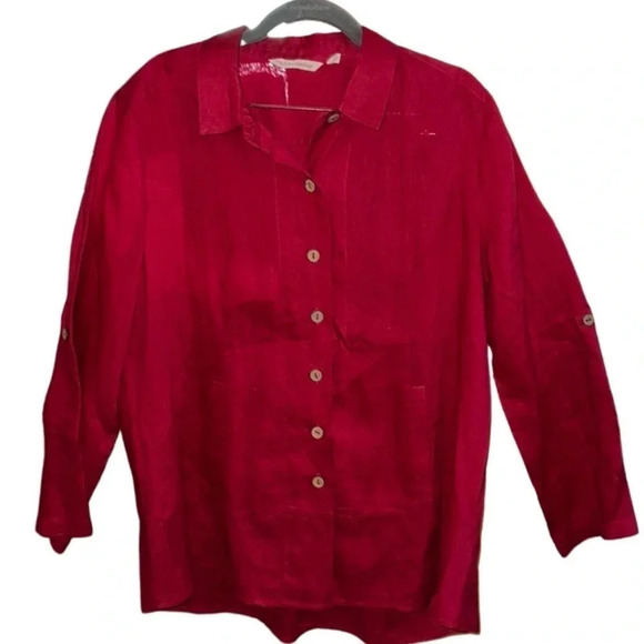Soft Surrounding Red Long Sleeve Linen Button Down Shirt Size L - Picture 1 of 7